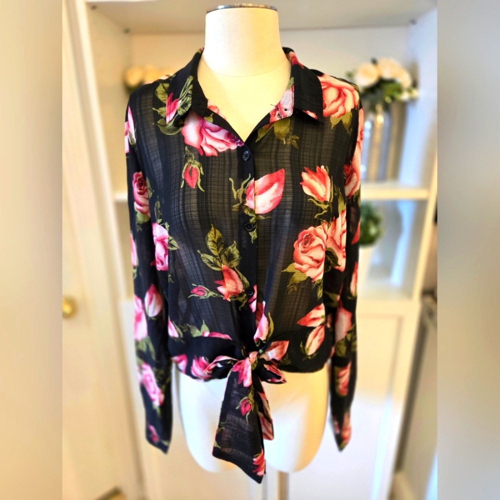 GUESS XL Long Sleeve Floral Button-Down, Short Waist, Tie Front Sheer Top